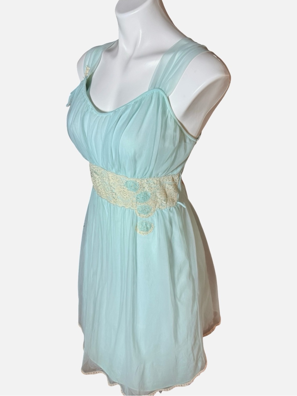 Miss Elaine Vintage Mint Blue Chiffon Lace Nightgown Medium 1960s Babydoll - Picture 8 of 12